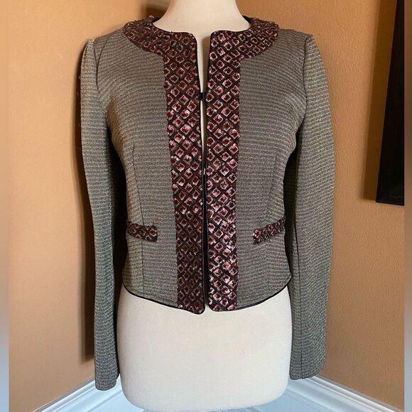 Anthropologie BEATRICE B. Gray Metallic Sequin Border Jacket M - Picture 4 of 15